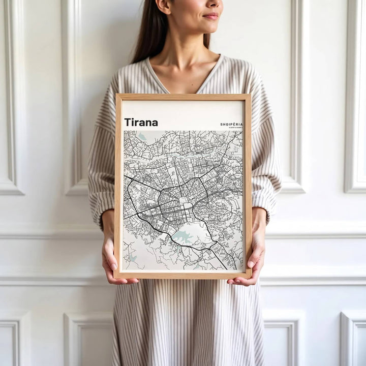 High-contrast grey cartography celebrates Albania’s capital city, making it a thoughtful gift for travel lovers, urban planners, and locals alike. MapYourDreams makes this available in unframed paper, custom framed styles, and gallery canvas wraps.