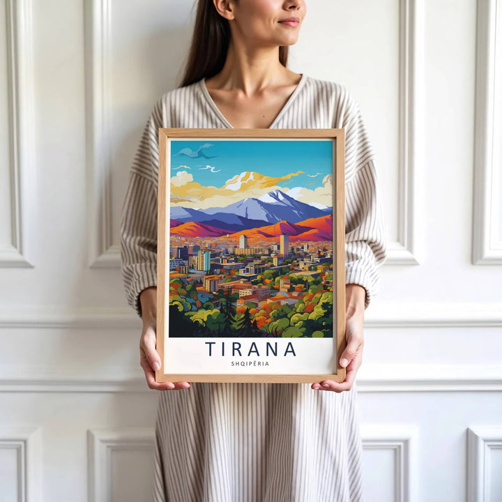 Vibrant green park canopies and calm urban plazas define the historic tourist center of Tirana in central Albania during golden hour. MapYourDreams produces this image in unframed paper, custom wooden frames, and stretched canvas options.