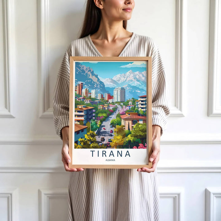 Vibrant green trees and calm urban thoroughfares define the historic tourist center of Tirana in central Albania during bright daylight hours. MapYourDreams produces this image in unframed paper, custom wooden frames, and stretched canvas options.