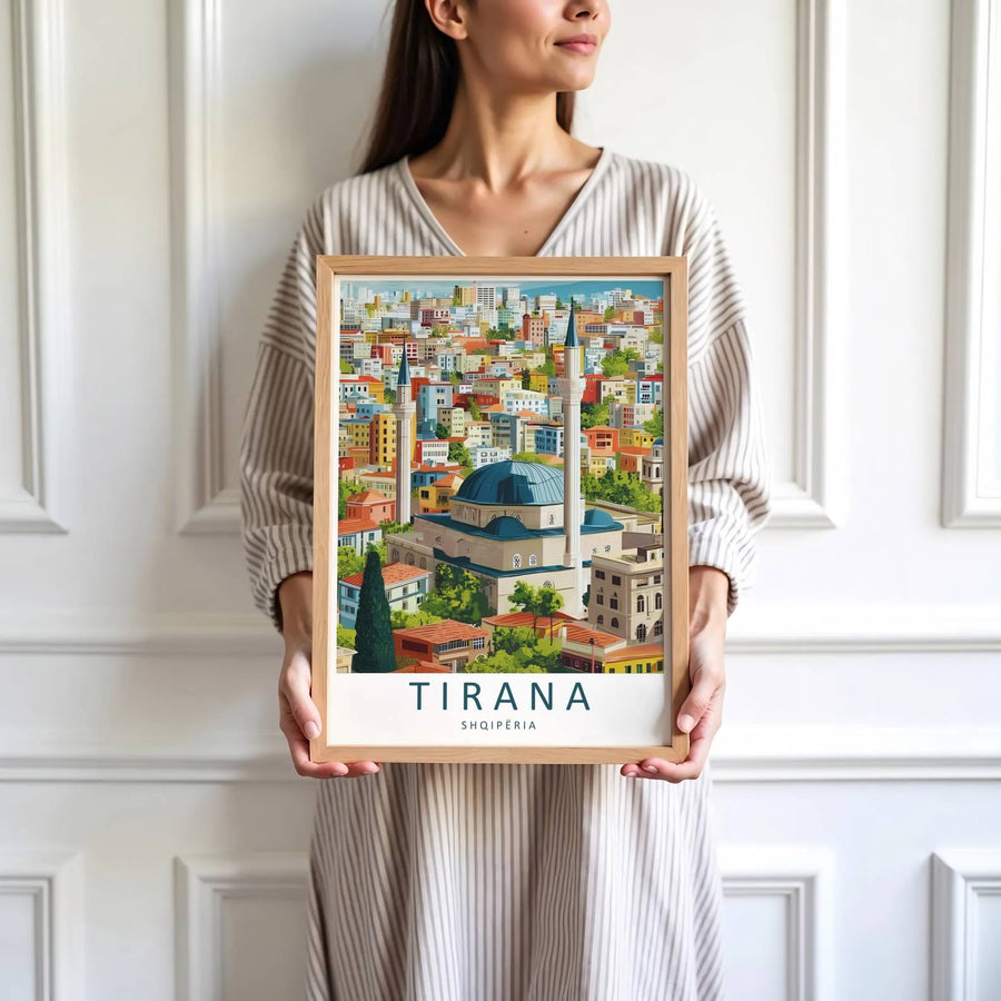 Vibrant multi-story buildings and calm urban plazas define the historic tourist center of Tirana in central Albania during bright daylight hours. MapYourDreams produces this image in unframed paper, custom wooden frames, and stretched canvas options.