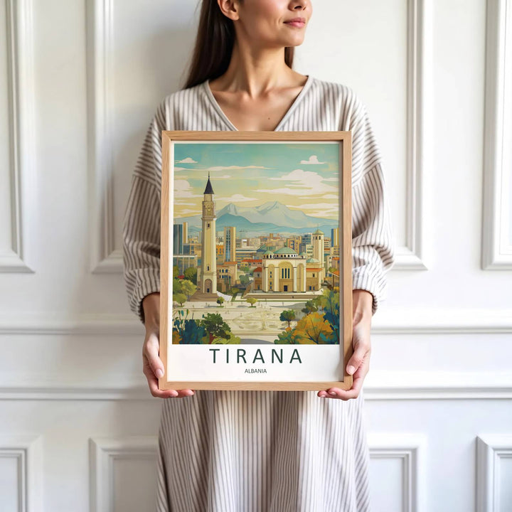 Vibrant public squares and calm urban pathways define the historic tourist center of Tirana in central Albania during bright daylight hours. MapYourDreams produces this image in unframed paper, custom wooden frames, and stretched canvas options.