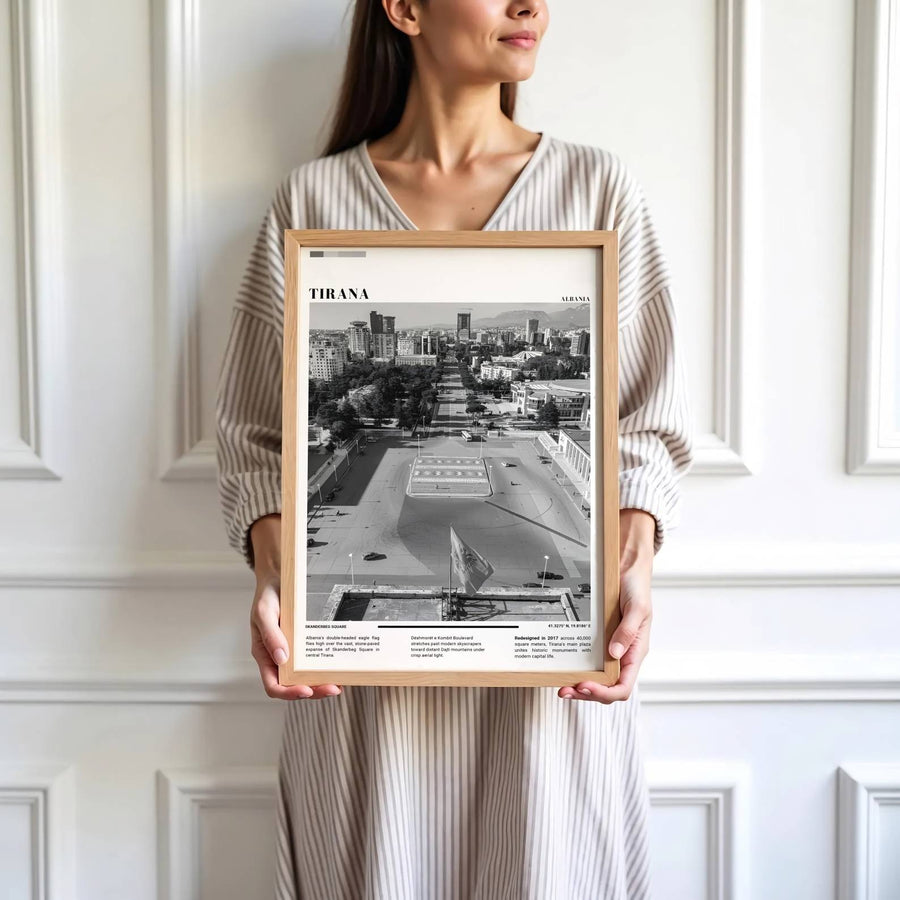 Vibrant urban geometry and contemporary architectural developments define the historic heart of Tirana around Skanderbeg Square through atmospheric Black &amp; White photography. MapYourDreams produces this image in unframed paper, custom wooden frames, and stretched canvas options.