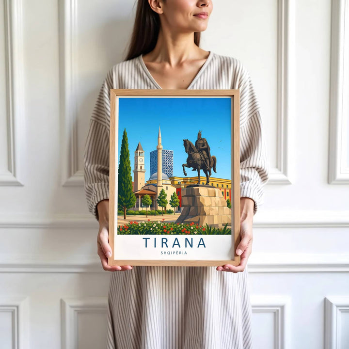 Vibrant red flowers and calm urban plazas define the historic tourist center of Tirana in central Albania during bright daylight hours. MapYourDreams produces this image in unframed paper, custom wooden frames, and stretched canvas options.