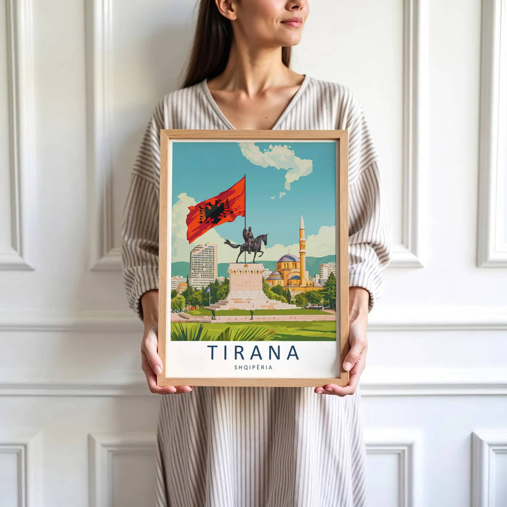 Vibrant green grass and calm urban plazas define the historic tourist center of Tirana in central Albania during bright daylight hours. MapYourDreams produces this image in unframed paper, custom wooden frames, and stretched canvas options.