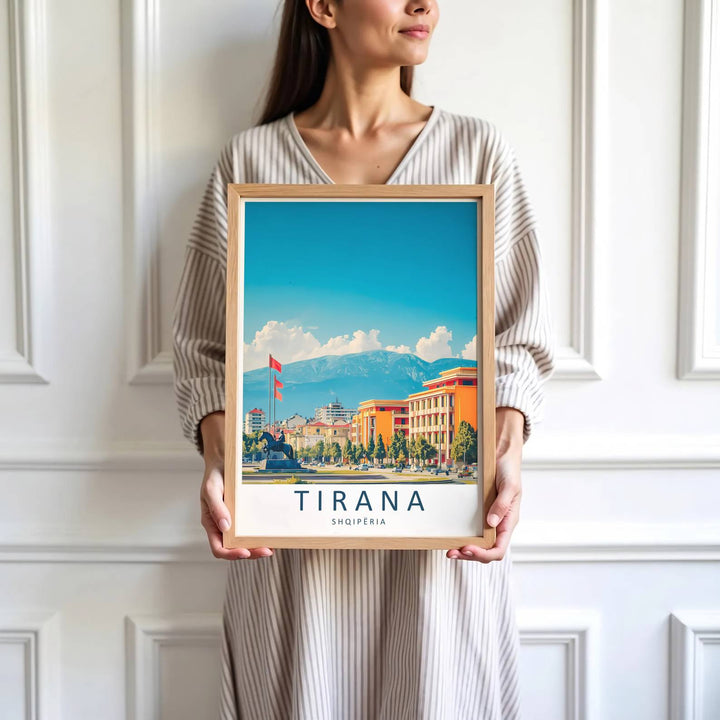 Vibrant buildings and calm urban plazas define the historic tourist center of Tirana in central Albania during bright daylight hours. MapYourDreams produces this image in unframed paper, custom wooden frames, and stretched canvas options.