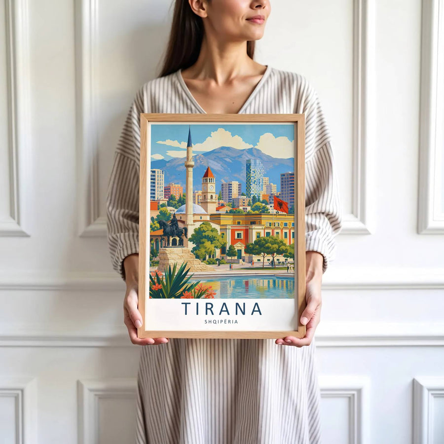 Vibrant buildings and calm urban plazas define the historic tourist center of Tirana in central Albania during bright daylight hours. MapYourDreams produces this image in unframed paper, custom wooden frames, and stretched canvas options.