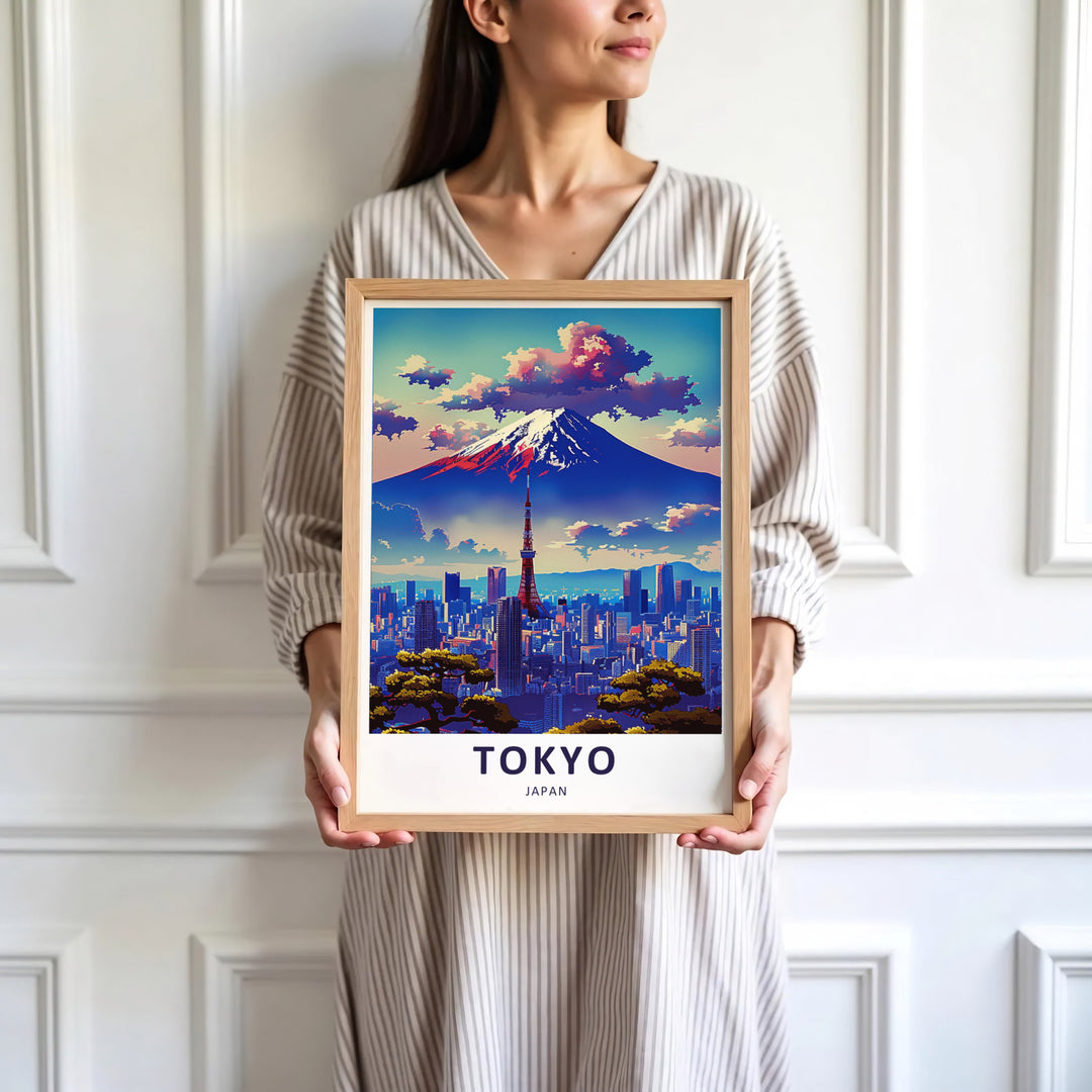 Japanese landscape wall decor featuring Mount Fuji and the sprawling urban skyline of Tokyo Japan. Offered by MapYourDreams, this artwork is available in flexible options including unframed paper, custom wooden frames, and gallery canvas wraps.