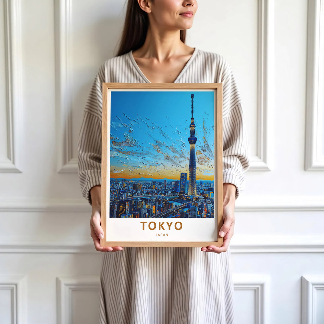 Japanese city wall decor featuring the iconic Skytree tower and sprawling metropolitan skyline of Tokyo Japan. Offered by MapYourDreams, this artwork is available in flexible options including unframed paper, custom wooden frames, and gallery canvas wraps.