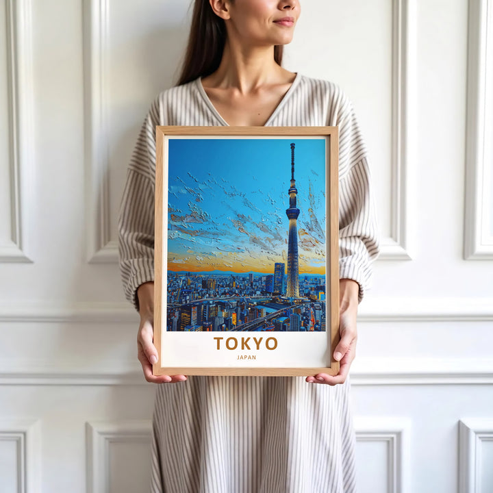 Japanese city wall decor featuring the iconic Skytree tower and sprawling metropolitan skyline of Tokyo Japan. Offered by MapYourDreams, this artwork is available in flexible options including unframed paper, custom wooden frames, and gallery canvas wraps.