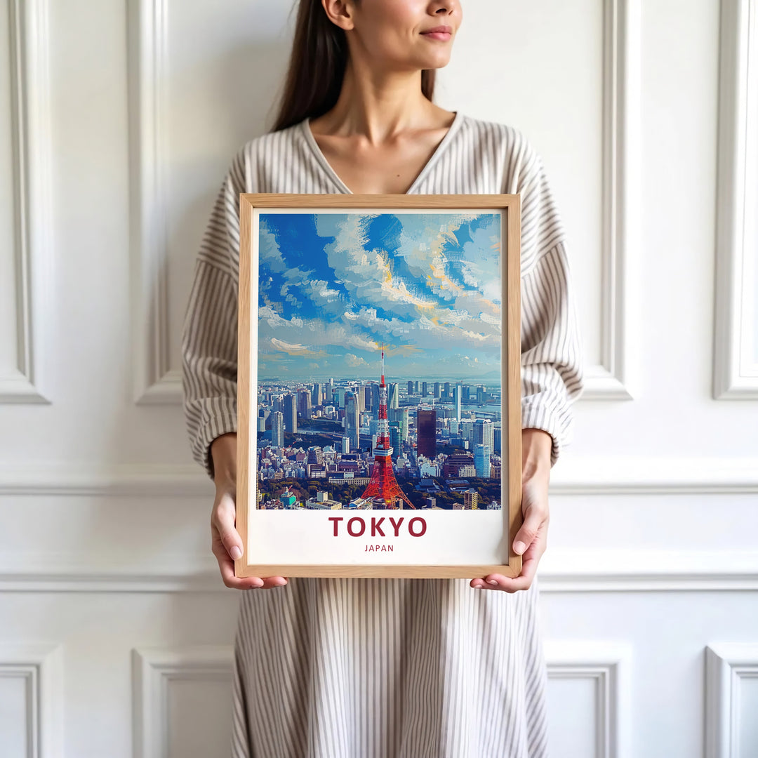 Japanese city wall decor featuring the iconic Tokyo Tower and sprawling urban skyline of Tokyo Japan. Offered by MapYourDreams, this artwork is available in flexible options including unframed paper, custom wooden frames, and gallery canvas wraps.