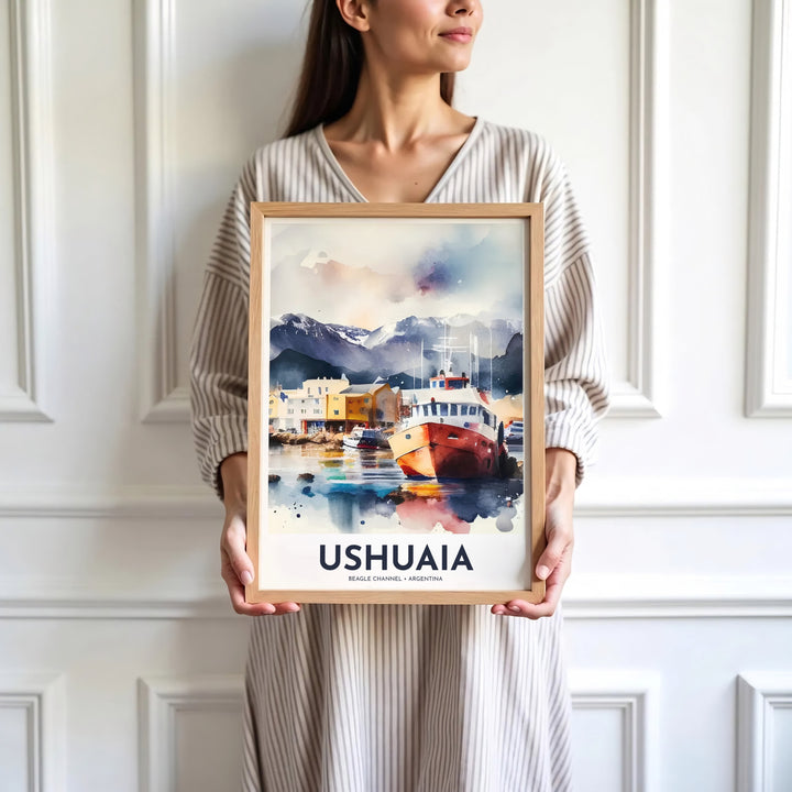 Looking across the harbor basin toward snow-dusted Patagonian peaks, this Ushuaia port wall art frames the landscape in rich watercolor washes, presented by MapYourDreams with versatile possibilities like unframed prints, solid wood frames, and premium canvas wraps.