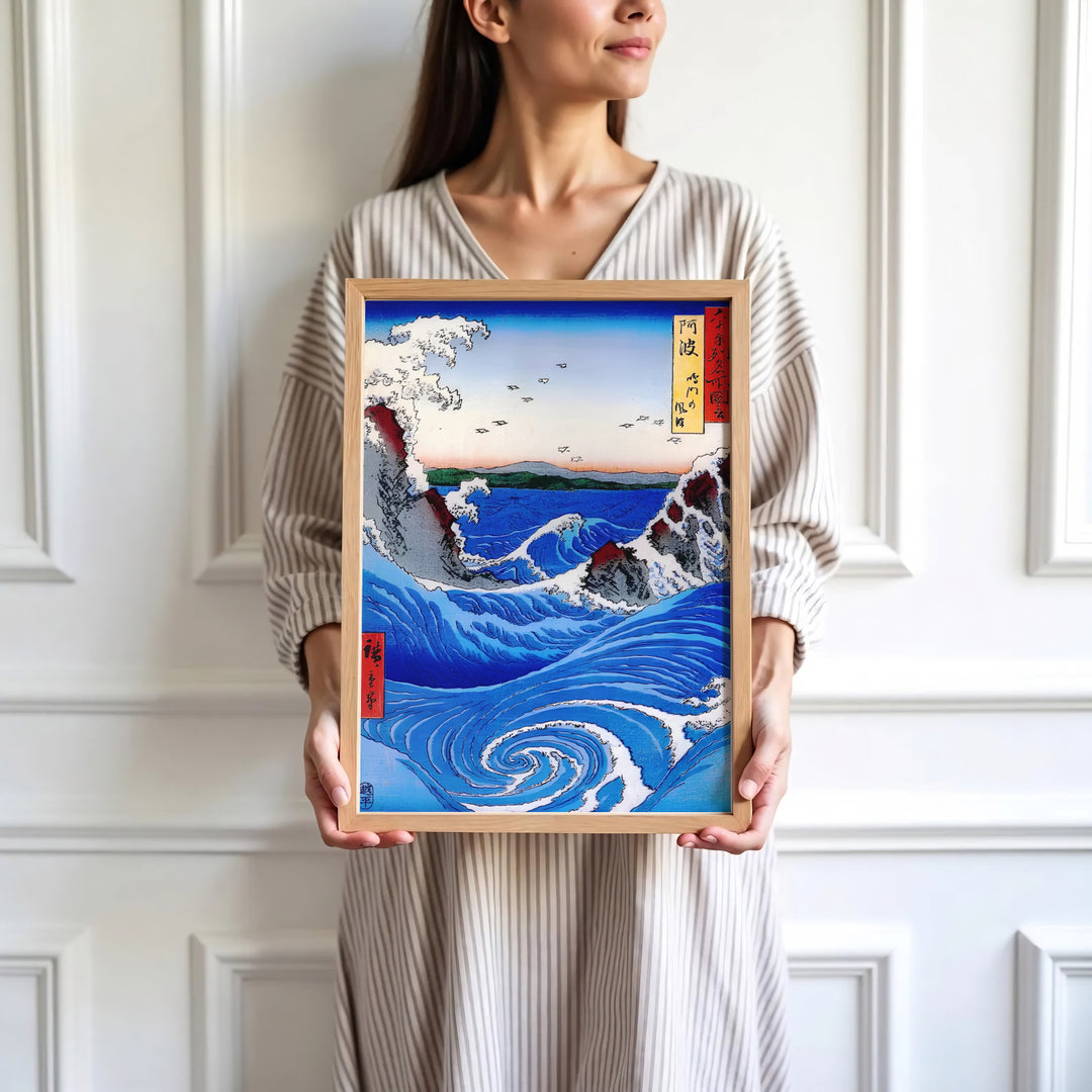 High-definition Japanese wave print Naruto Whirlpool Awa Province artwork by artist Utagawa Hiroshige referencing masterwork ocean collections in Naruto Whirlpool Awa Province. Order custom framed, unframed, and canvas print options at MapYourDreams.