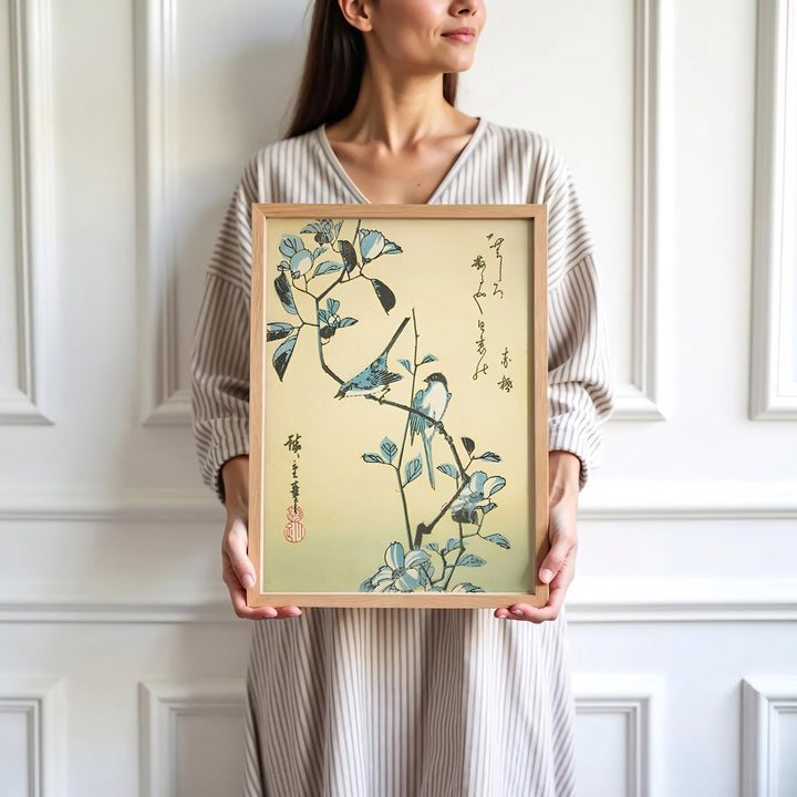 High-definition Japanese floral print Birds Flowering Branch artwork by artist Utagawa Hiroshige referencing masterwork botanical collections in Edo Botanical Garden. Order custom framed, unframed, and canvas print options at MapYourDreams.
