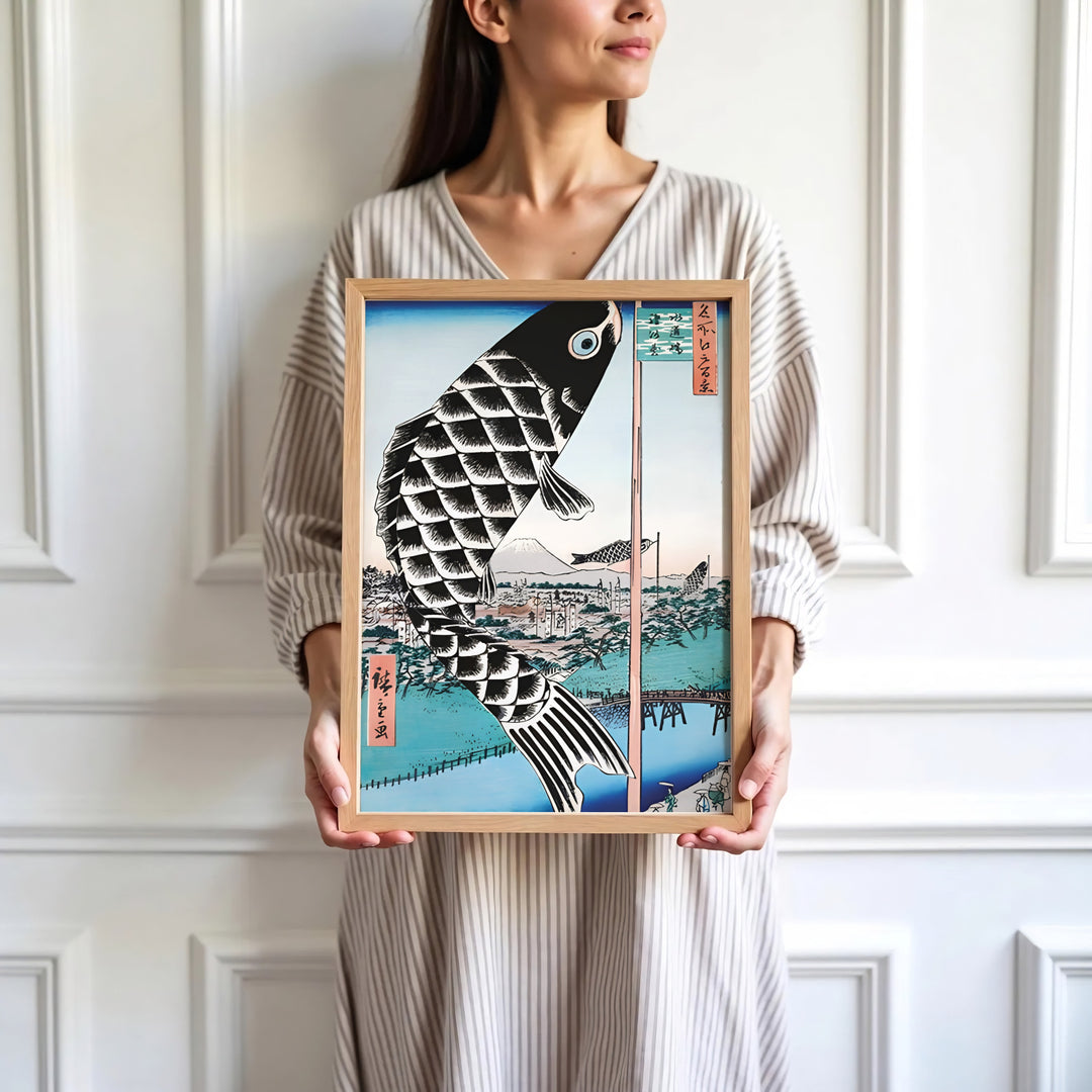 High-definition Japanese carp print Giant Carp Streamer artwork by artist Utagawa Hiroshige referencing masterwork landscape collections in Mount Fuji Suidō Bridge. Order custom framed, unframed, and canvas print options at MapYourDreams.