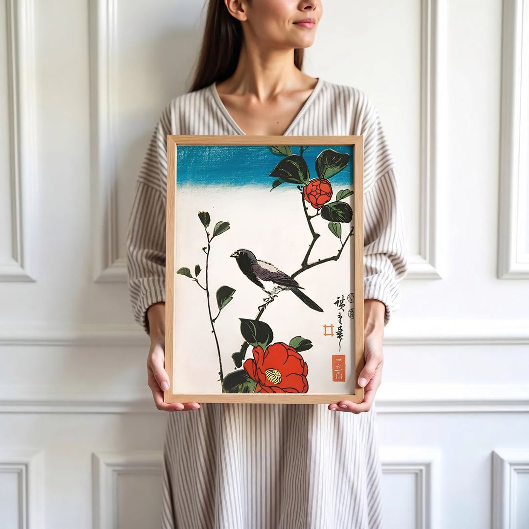 High-definition Japanese bird print Java Sparrow Camellia artwork by artist Utagawa Hiroshige referencing masterwork botanical collections in Kyoto Camellia Garden. Order custom framed, unframed, and canvas print options at MapYourDreams.