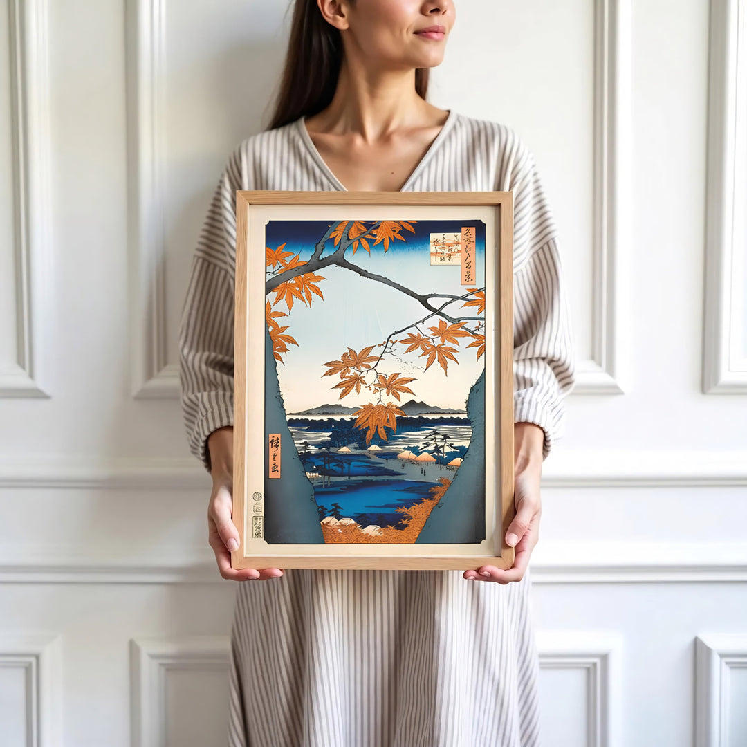 High-definition Japanese landscape print Maple Trees at Mama artwork by artist Utagawa Hiroshige referencing masterwork landscape collections at Maple Trees at Mama and Tekona Shrine. Order custom framed, unframed, and canvas print options at MapYourDreams.