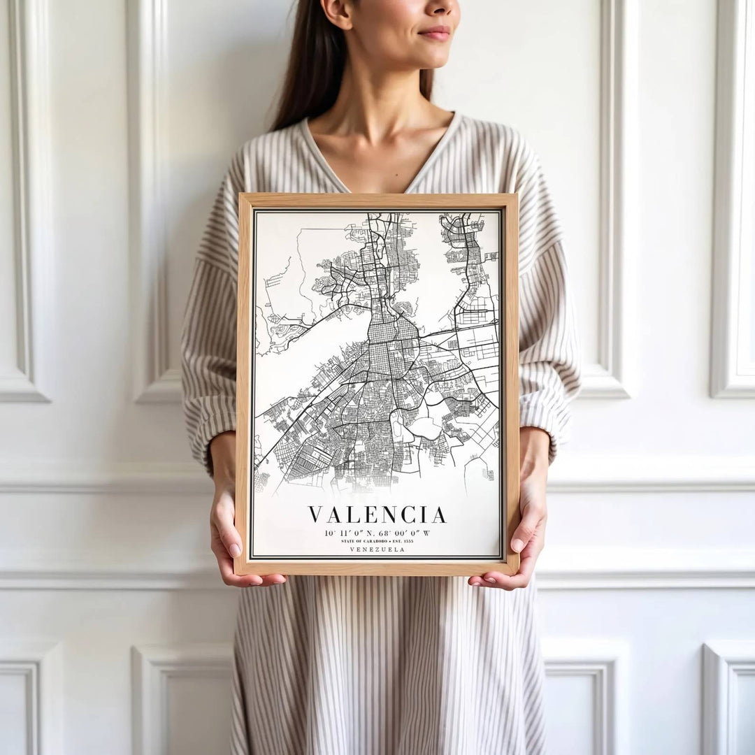 Saturated black ink map print showing the street grid and avenue network of Valencia in Carabobo state, Venezuela. Skillfully produced by MapYourDreams, this artwork is provided in multiple formats including unframed paper stock, custom frames, or stretched canvas wraps.