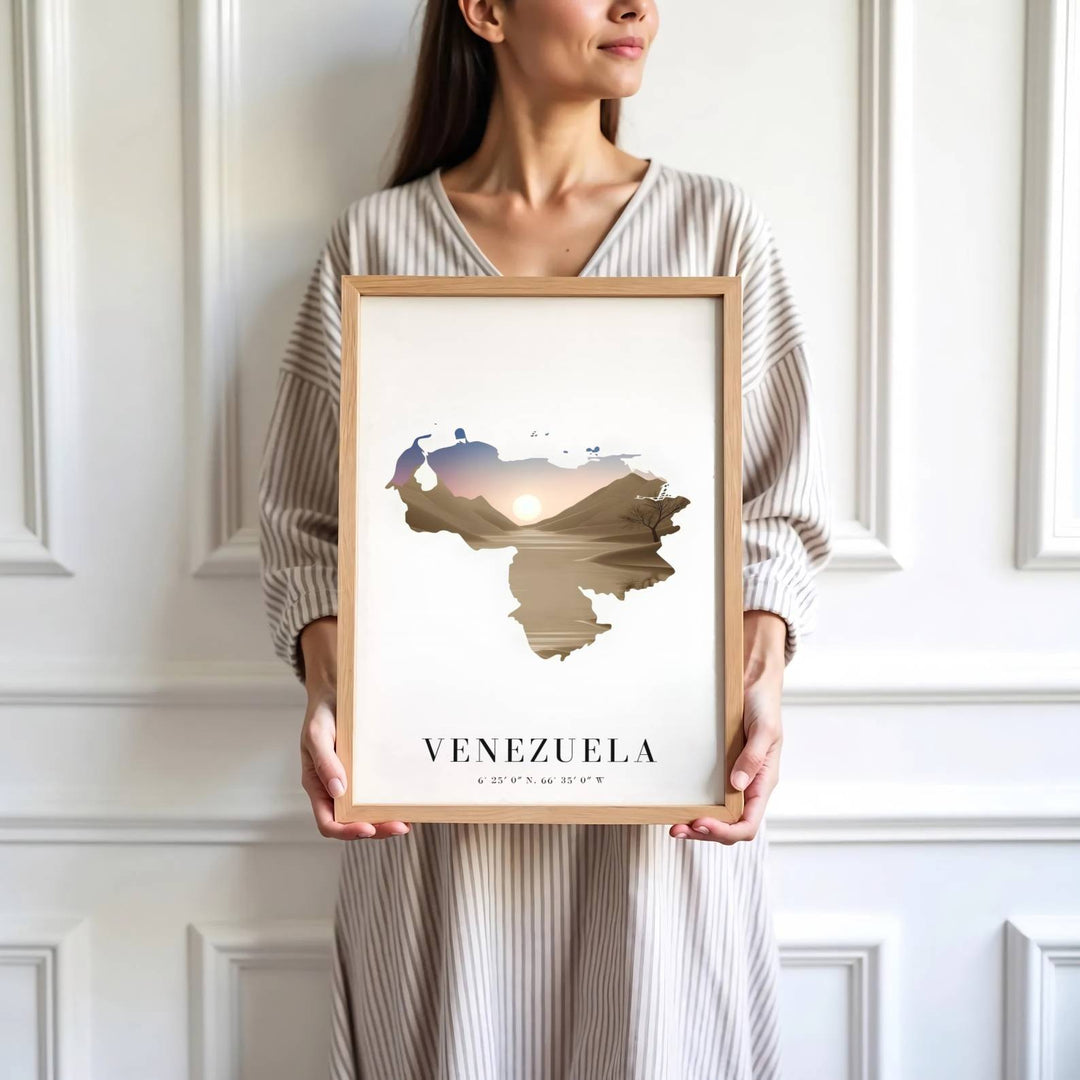 Saturated golden and blue travel print showing the sand dunes and setting sun masked inside Venezuela&