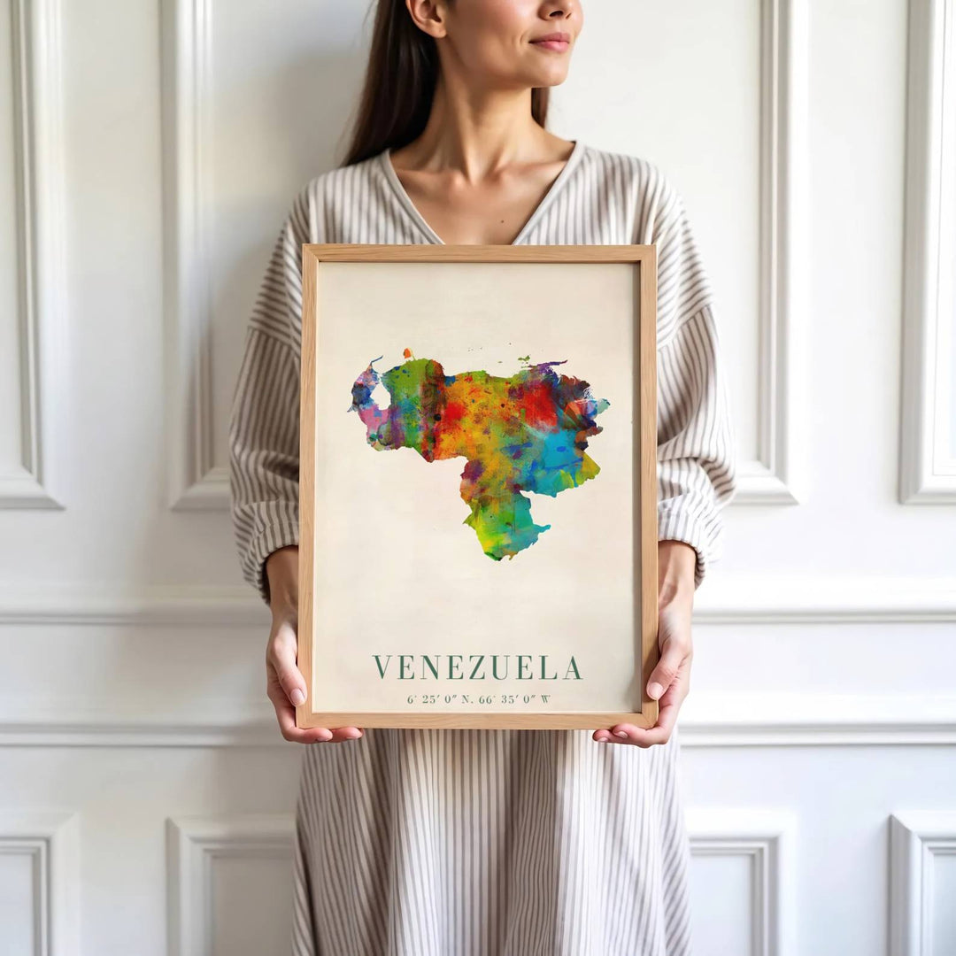 Saturated multi-colored travel print showing the watercolor country shape and national coordinates of Venezuela. Skillfully produced by MapYourDreams, this artwork is provided in multiple formats including unframed paper stock, custom frames, or stretched canvas wraps.