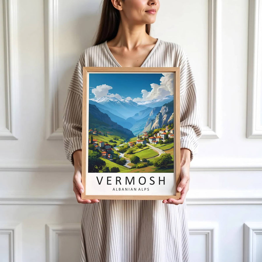 Vibrant green hills and calm village homes define the remote northern beauty of Vermosh in Albania during bright daylight hours. MapYourDreams produces this image in unframed paper, custom wooden frames, and stretched canvas options.