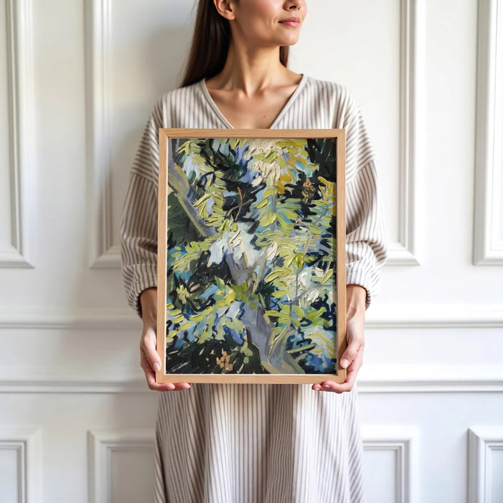 High-definition floral art print of Vincent van Gogh Blossoming Acacia Branches 1890 portraying blooming trees in Auvers-sur-Oise France. Order custom framed wall art, unframed poster prints, and stretched gallery canvas formats directly at MapYourDreams for wall displays.