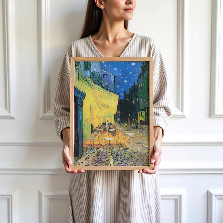 High-definition European art print of Vincent van Gogh Cafe Terrace at Night 1888 portraying starry skies on Place du Forum in Arles France. Order custom framed wall art, unframed poster prints, and stretched gallery canvas formats directly at MapYourDreams for wall displays.