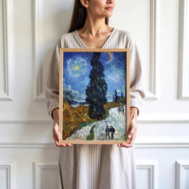 High-definition European landscape print of Vincent van Gogh Country Road in Provence by Night 1890 portraying starry skies in Saint-Rémy-de-Provence France. Order custom framed wall art, unframed poster prints, and stretched gallery canvas formats directly at MapYourDreams for displays.