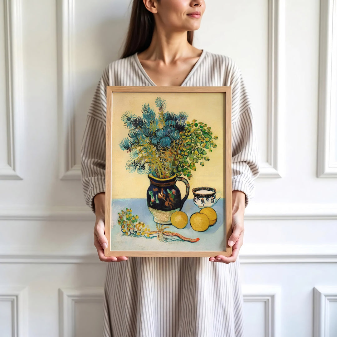 High-definition European still life print of Vincent van Gogh Majolica Jar Wildflowers 1888 portraying blue thistles in Arles France. Order custom framed wall art, unframed poster prints, and stretched gallery canvas formats directly at MapYourDreams for displays.