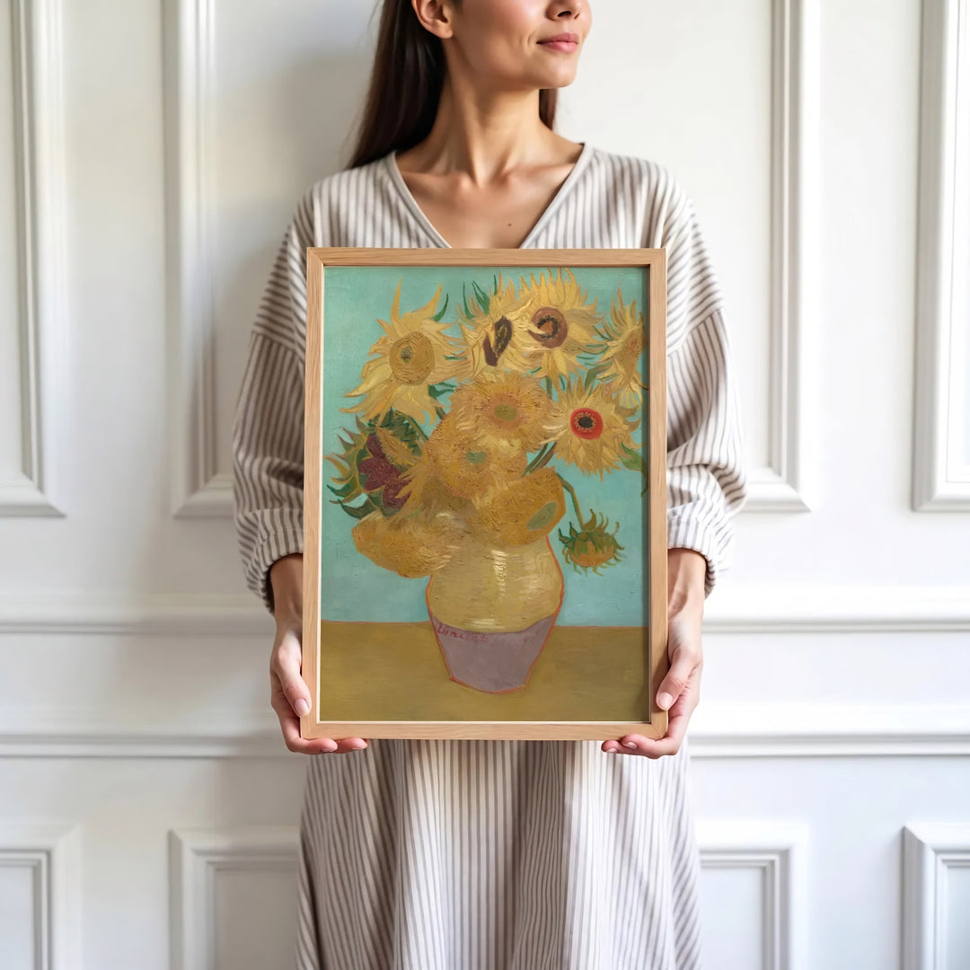 High-definition European still life print of Vincent van Gogh Sunflowers on Blue 1888 portraying sunflowers in Arles France. Order custom framed wall art, unframed poster prints, and stretched gallery canvas formats directly at MapYourDreams for displays.
