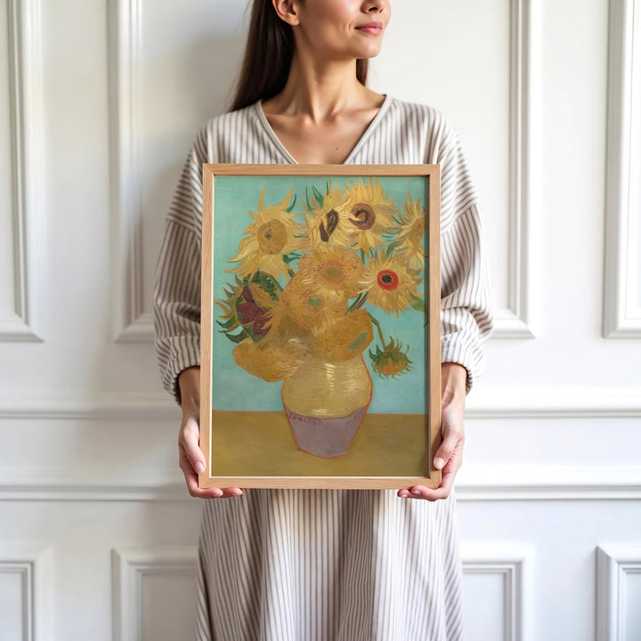 High-definition European still life print of Vincent van Gogh Sunflowers on Blue 1888 portraying sunflowers in Arles France. Order custom framed wall art, unframed poster prints, and stretched gallery canvas formats directly at MapYourDreams for displays.
