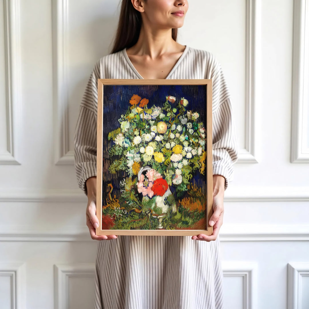 High-definition European still life print of Vincent van Gogh Vase With Flowers 1890 portraying poppies and dahlias in Auvers-sur-Oise France. Order custom framed wall art, unframed poster prints, and stretched gallery canvas formats directly at MapYourDreams for displays.