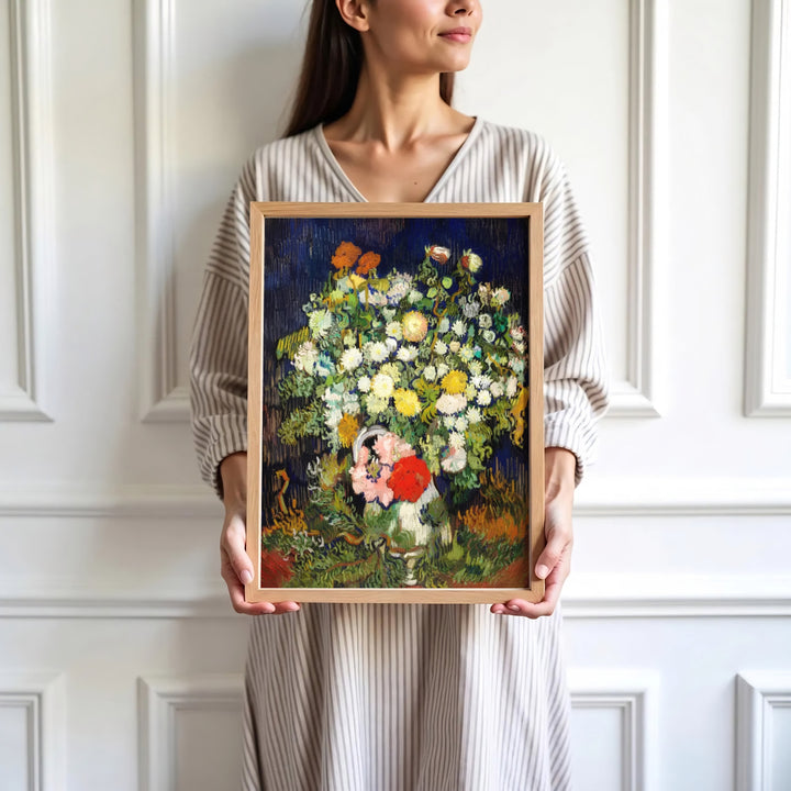 High-definition European still life print of Vincent van Gogh Vase With Flowers 1890 portraying poppies and dahlias in Auvers-sur-Oise France. Order custom framed wall art, unframed poster prints, and stretched gallery canvas formats directly at MapYourDreams for displays.