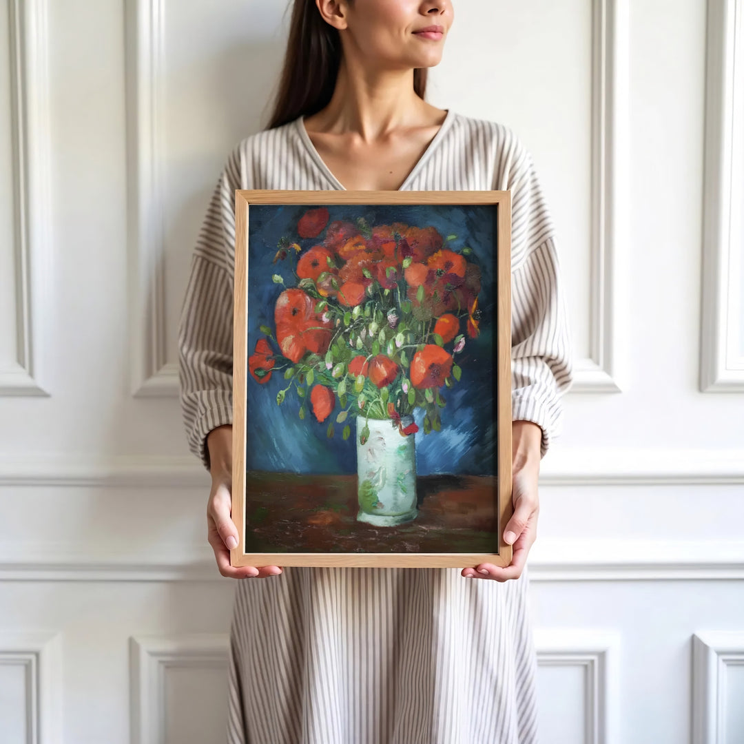 High-definition European still life print of Vincent van Gogh Vase With Red Poppies 1886 portraying poppies in a white jar in Paris France. Order custom framed wall art, unframed poster prints, and stretched gallery canvas formats directly at MapYourDreams.