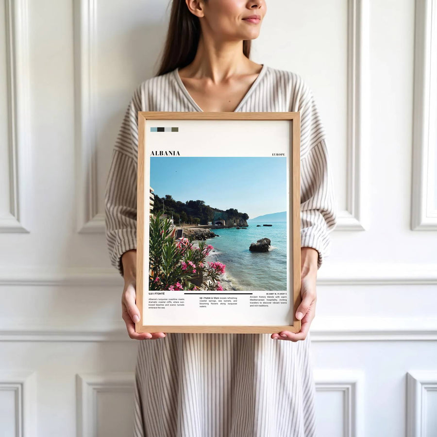 Vibrant turquoise waves and calm coastal roads define the sunny tourist paradise of Vlorë in southern Albania during bright daylight hours. MapYourDreams produces this image in unframed paper, custom wooden frames, and stretched canvas options.