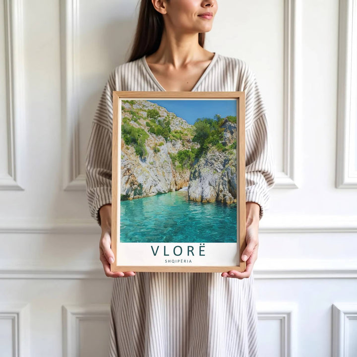 Vibrant sea waves and calm beach coves define the remote southern beauty of Gjipe in Albania during bright daylight hours. MapYourDreams produces this image in unframed paper, custom wooden frames, and stretched canvas options.
