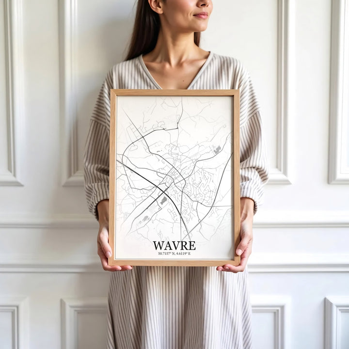 Crisp black and white street map design of Wavre, Belgium, bringing understated sophistication and geographic clarity to your wall decor. Offered by MapYourDreams, this artwork is available in flexible options including unframed paper, custom wooden frames, and gallery canvas wraps.