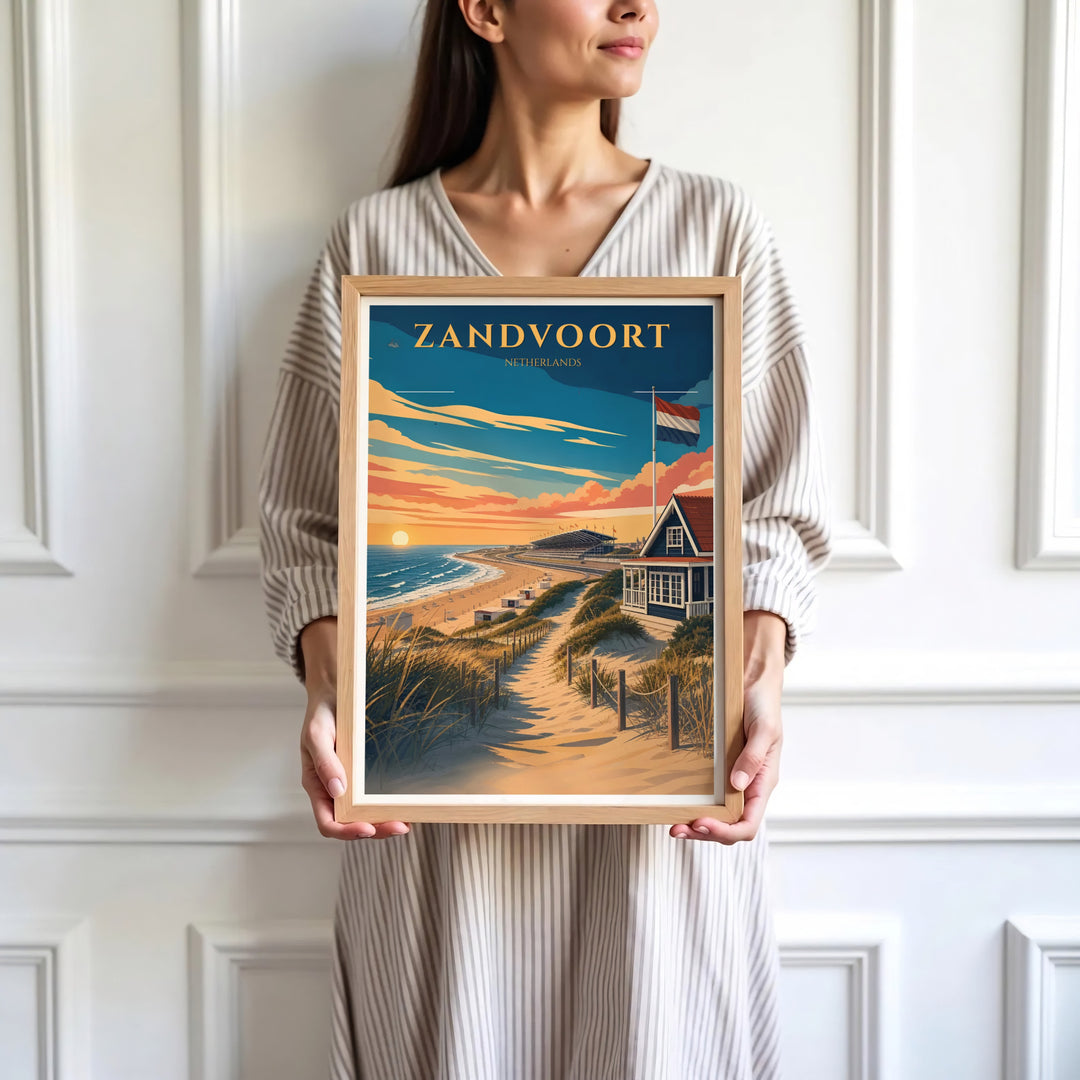 Contemporary vector fine art print of Zandvoort Netherlands seaside dunes and Circuit Zandvoort grandstands, presented by MapYourDreams where customers can choose from unframed paper posters, ready-to-hang canvas decor, or custom framed wall art choices.
