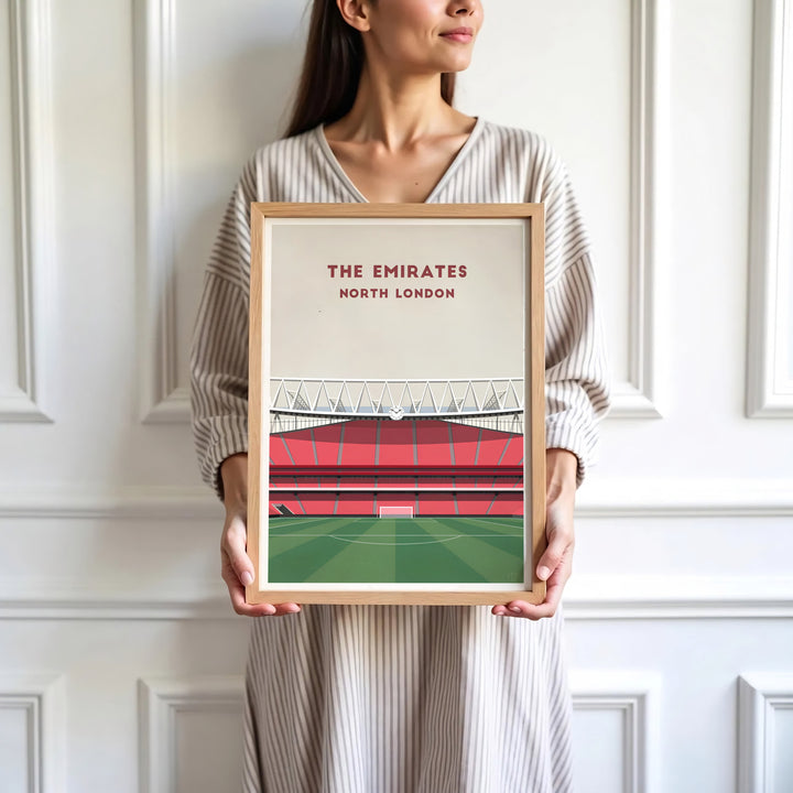 North London football stadium fine art poster featuring Emirates Stadium interior lines and landmark clock, available as unframed prints, framed options, or canvas wall decor for living spaces.