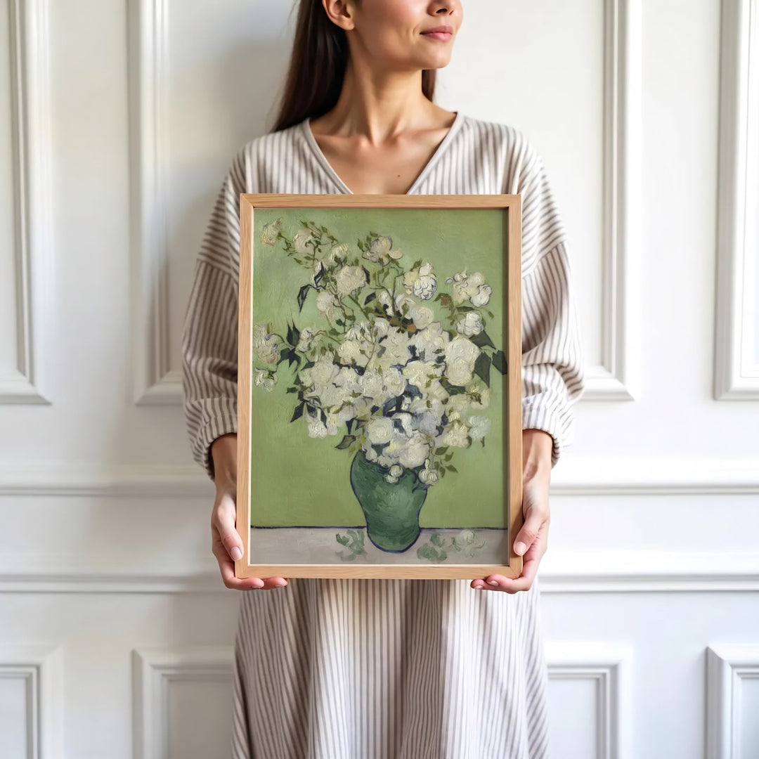 High-definition European still life print of Vincent van Gogh Roses 1890 portraying white roses in Saint-Remy-de-Provence France. Order custom framed wall art, unframed poster prints, and stretched gallery canvas formats directly at MapYourDreams for displays.