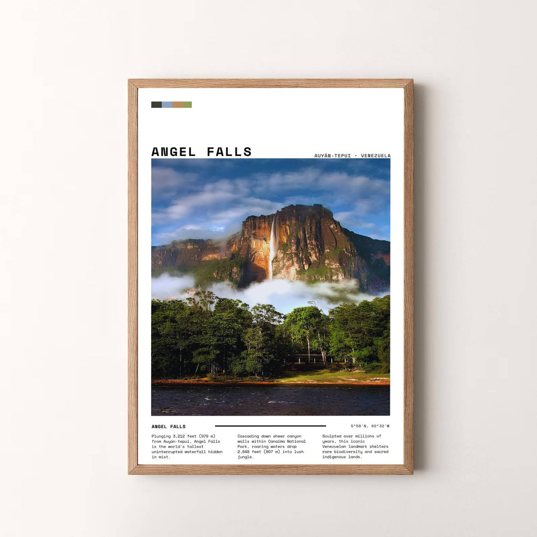 Modern photography travel artwork featuring an impressive view of Angel Falls and Canaima National Park text descriptions. Available in the MapYourDreams studio, this geographic print is offered as unframed archival paper, framed wall art, or gallery canvas wraps.