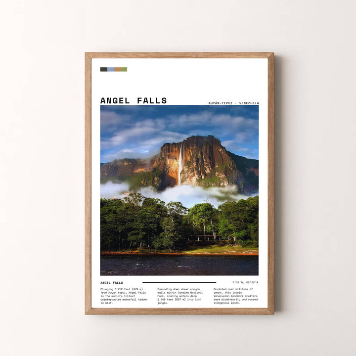 Modern photography travel artwork featuring an impressive view of Angel Falls and Canaima National Park text descriptions. Available in the MapYourDreams studio, this geographic print is offered as unframed archival paper, framed wall art, or gallery canvas wraps.