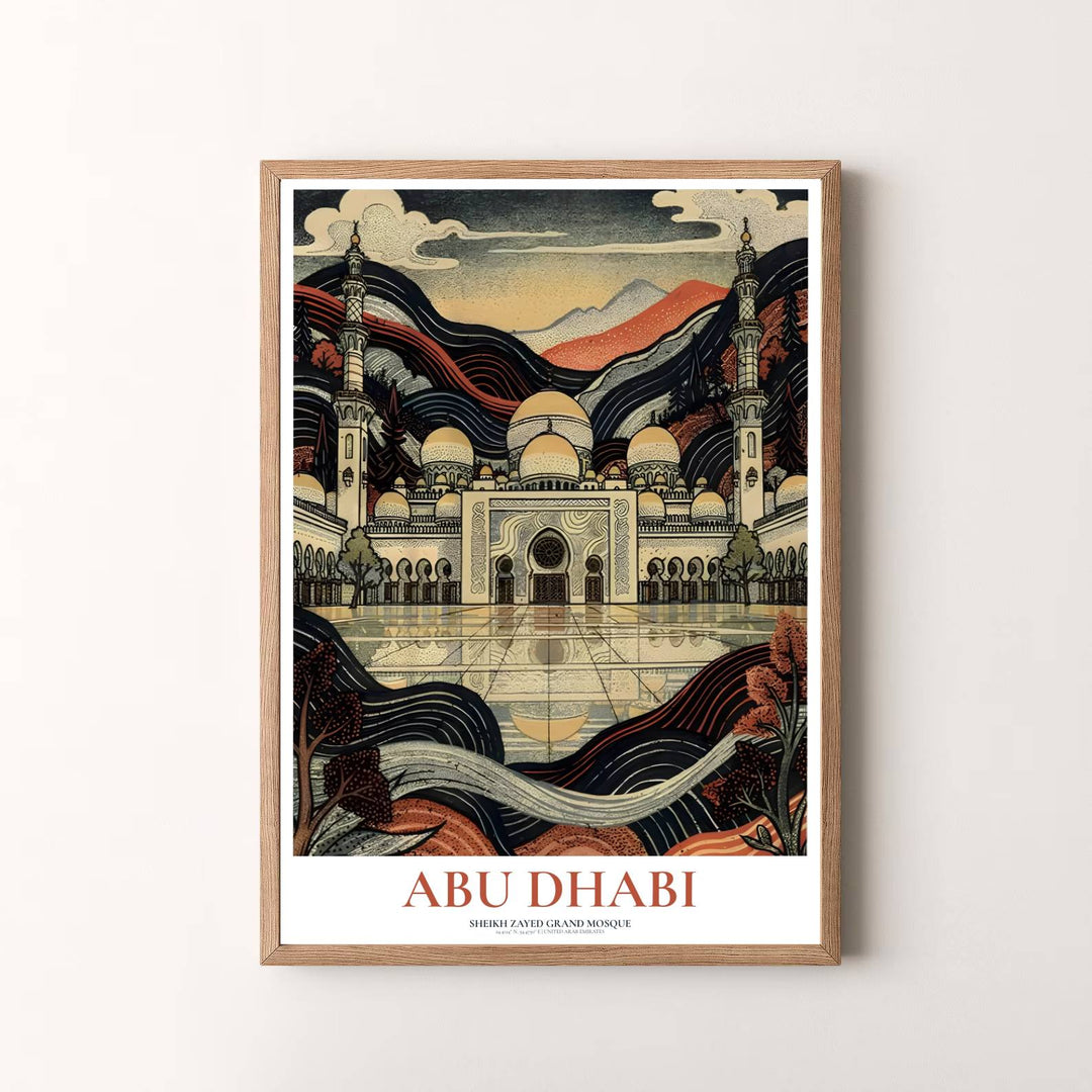 Modern Ukiyo-e style architectural print of Abu Dhabi Sheikh Zayed Grand Mosque with bold red typography. Presented by MapYourDreams, this artwork is available in flexible options including unframed paper, custom wooden frames, and gallery canvas wraps for timeless wall decor.