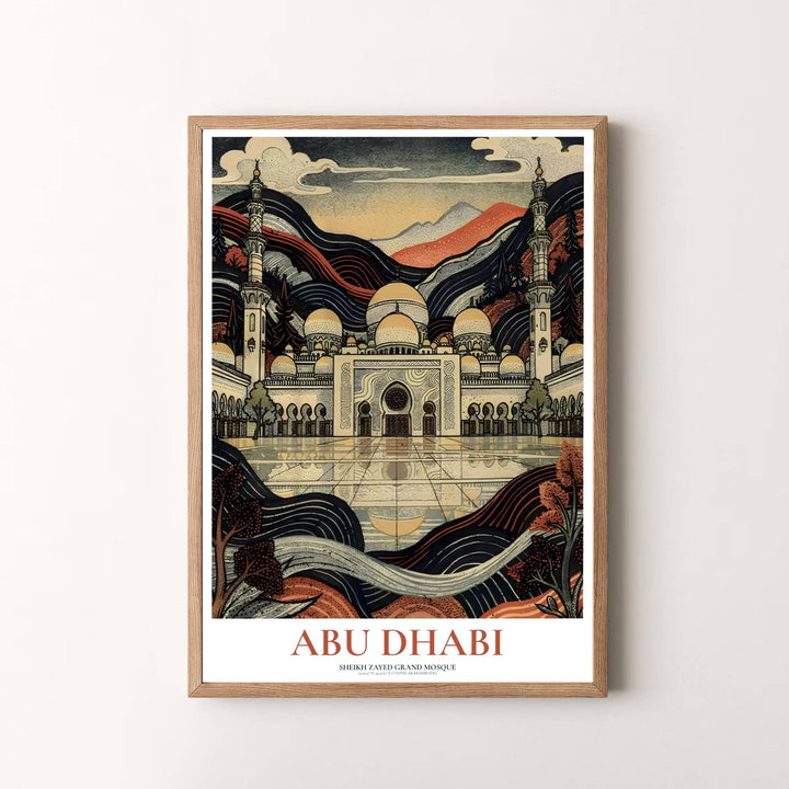Modern Ukiyo-e style architectural print of Abu Dhabi Sheikh Zayed Grand Mosque with bold red typography. Presented by MapYourDreams, this artwork is available in flexible options including unframed paper, custom wooden frames, and gallery canvas wraps for timeless wall decor.