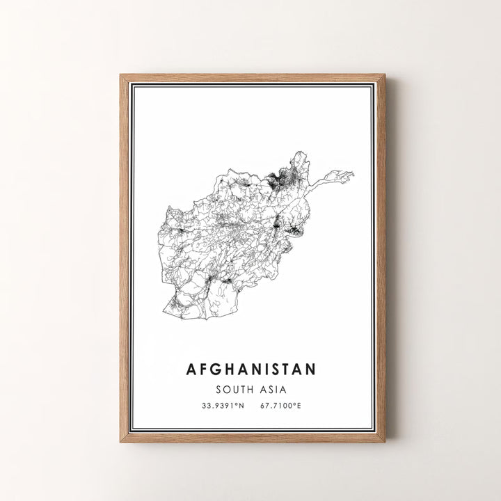Minimalist geographic wall decor of Afghanistan showcasing national road lines and precise coordinate markers, offered by MapYourDreams as an unframed art print, gallery canvas print, or custom framed wall art in retro white and silver frame options.