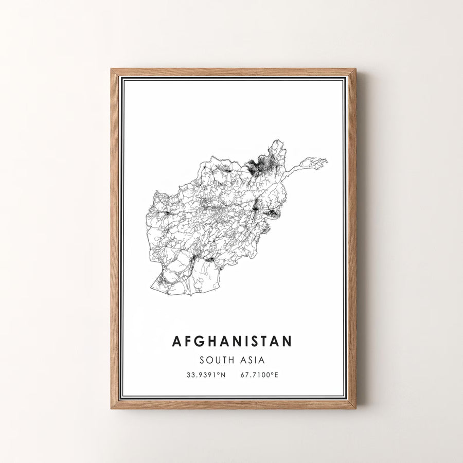 Minimalist geographic wall decor of Afghanistan showcasing national road lines and precise coordinate markers, offered by MapYourDreams as an unframed art print, gallery canvas print, or custom framed wall art in retro white and silver frame options.