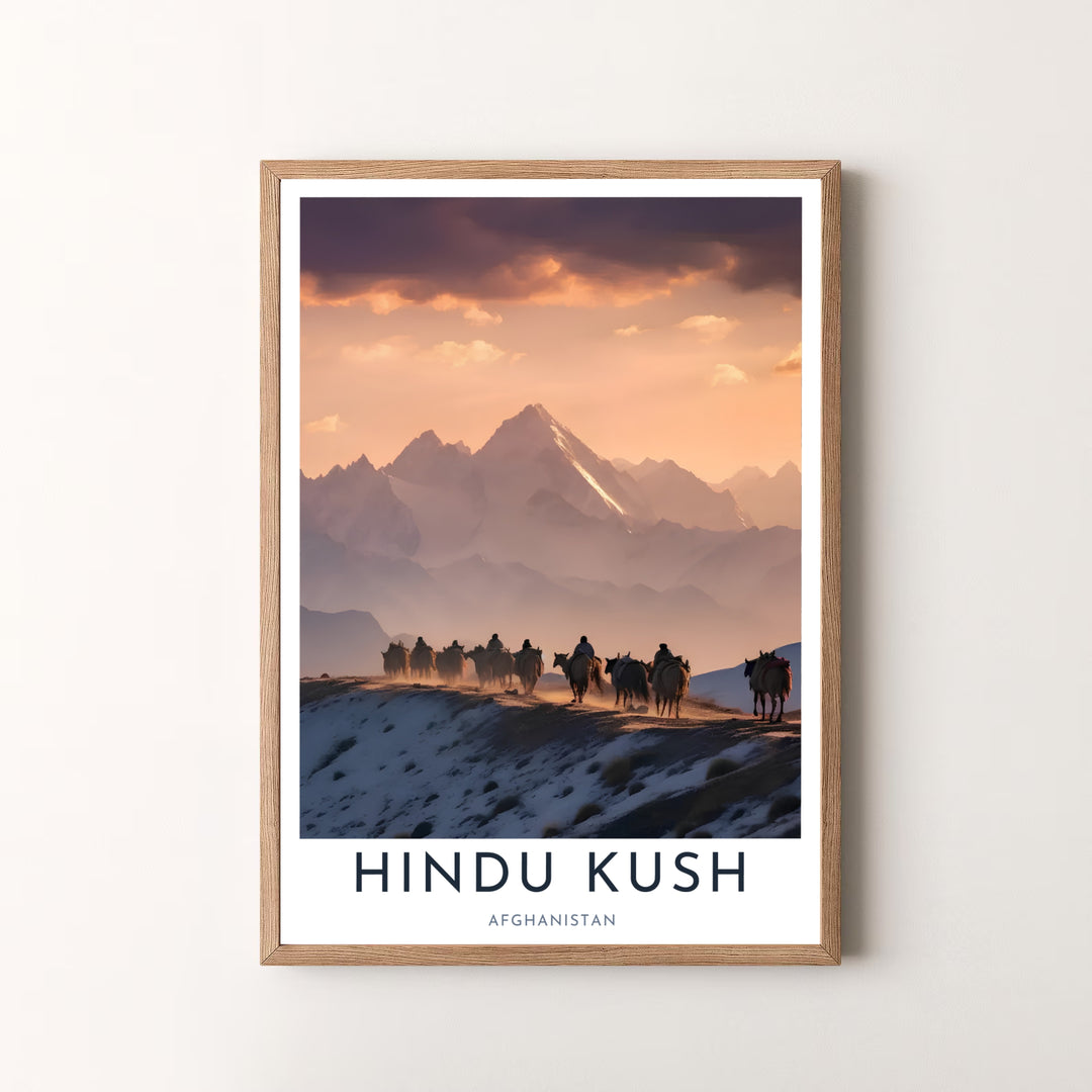 Geographic mountain wall decor of the Hindu Kush range in Afghanistan showcasing a sunset migration scene, offered by MapYourDreams as an unframed art print, gallery canvas print, or custom framed wall art in retro white and silver frame choices.