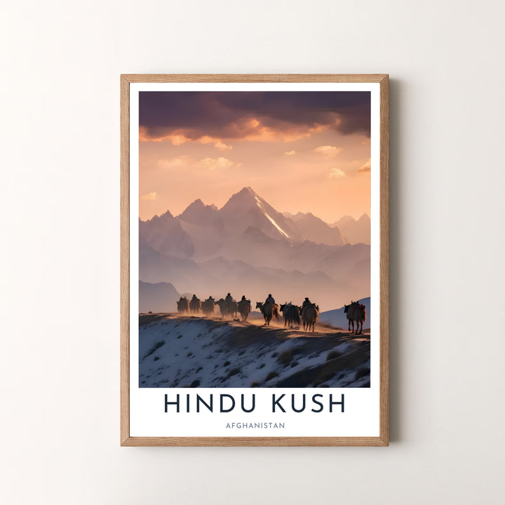 Geographic mountain wall decor of the Hindu Kush range in Afghanistan showcasing a sunset migration scene, offered by MapYourDreams as an unframed art print, gallery canvas print, or custom framed wall art in retro white and silver frame choices.