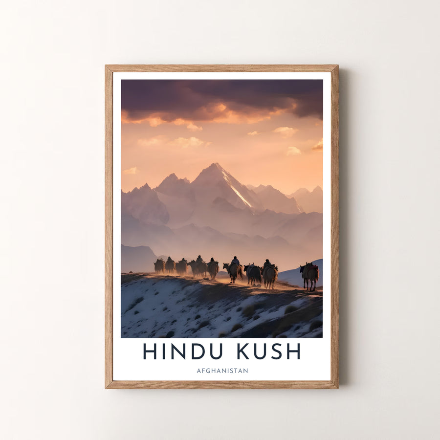 Geographic mountain wall decor of the Hindu Kush range in Afghanistan showcasing a sunset migration scene, offered by MapYourDreams as an unframed art print, gallery canvas print, or custom framed wall art in retro white and silver frame choices.