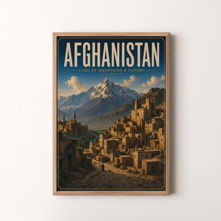 Geographic travel wall decor poster of an ancient citadel in Afghanistan surrounded by desert stone and snowy mountains, offered by MapYourDreams as an unframed art print, gallery canvas print, or custom framed wall art in retro white and silver frame choices.
