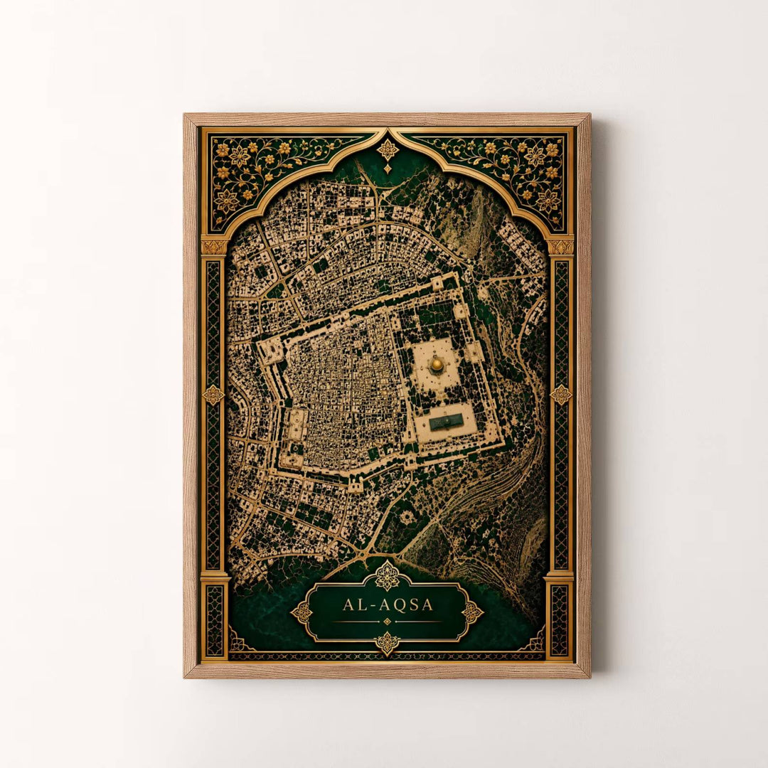 Premium cartographic print of Jerusalem Old City and Al Aqsa Compound set in an ornate gold arch border. Presented by MapYourDreams, this artwork is available in flexible options including unframed paper, custom wooden frames, and gallery canvas wraps for timeless wall decor.
